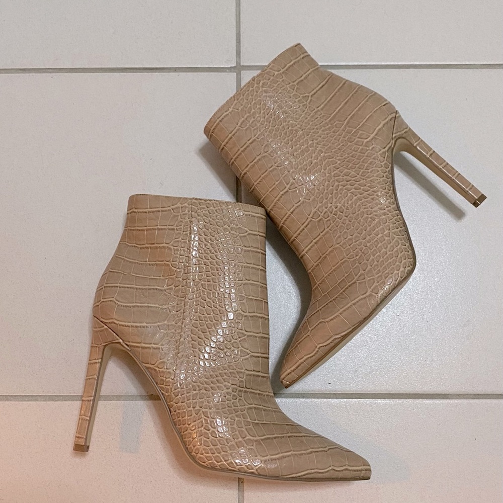 Nude embossed faux snake booties